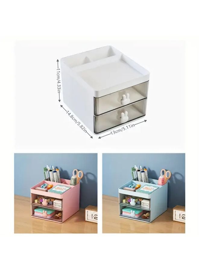 Pink Desktop Organizer With 2 Drawers Pen Holder Compact Makeup Storage Box - Image 3